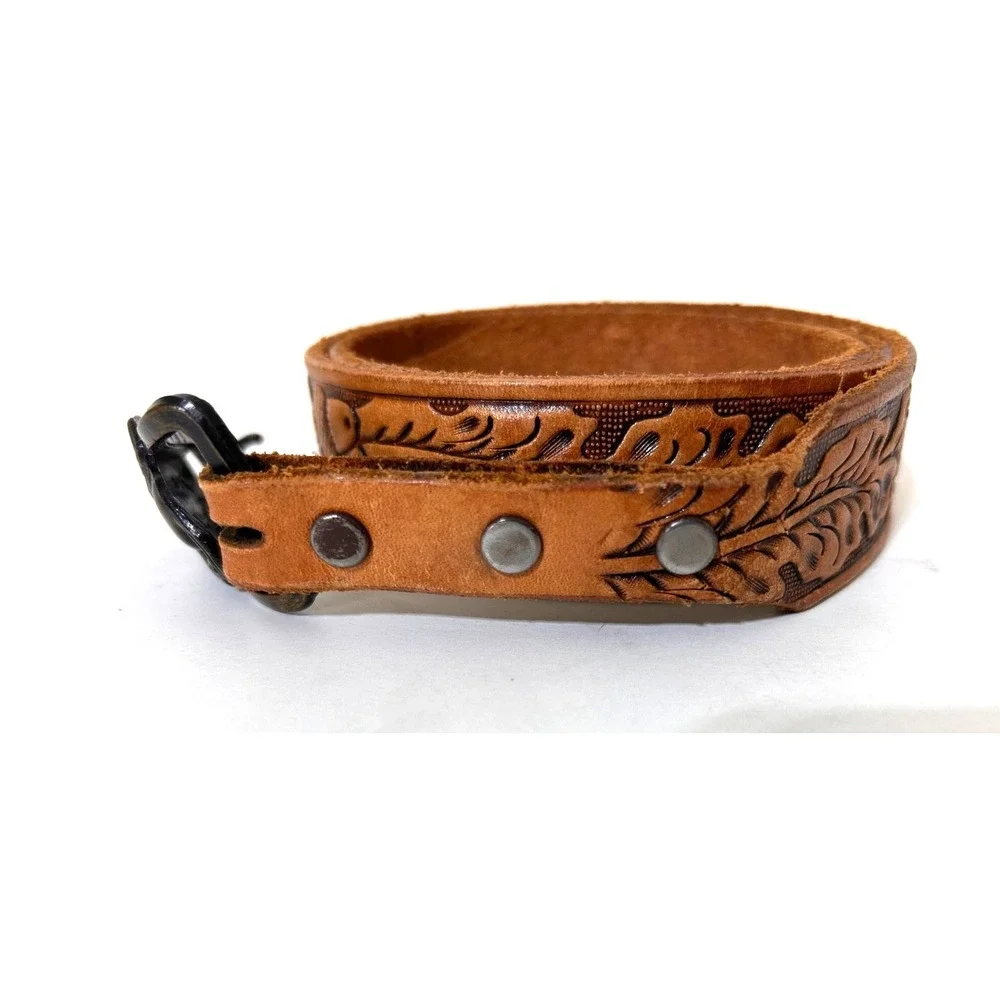 Justin Brass Horse Buckle Top Grain Cowhide‎ Leather Belt Tooled Size 34 USA